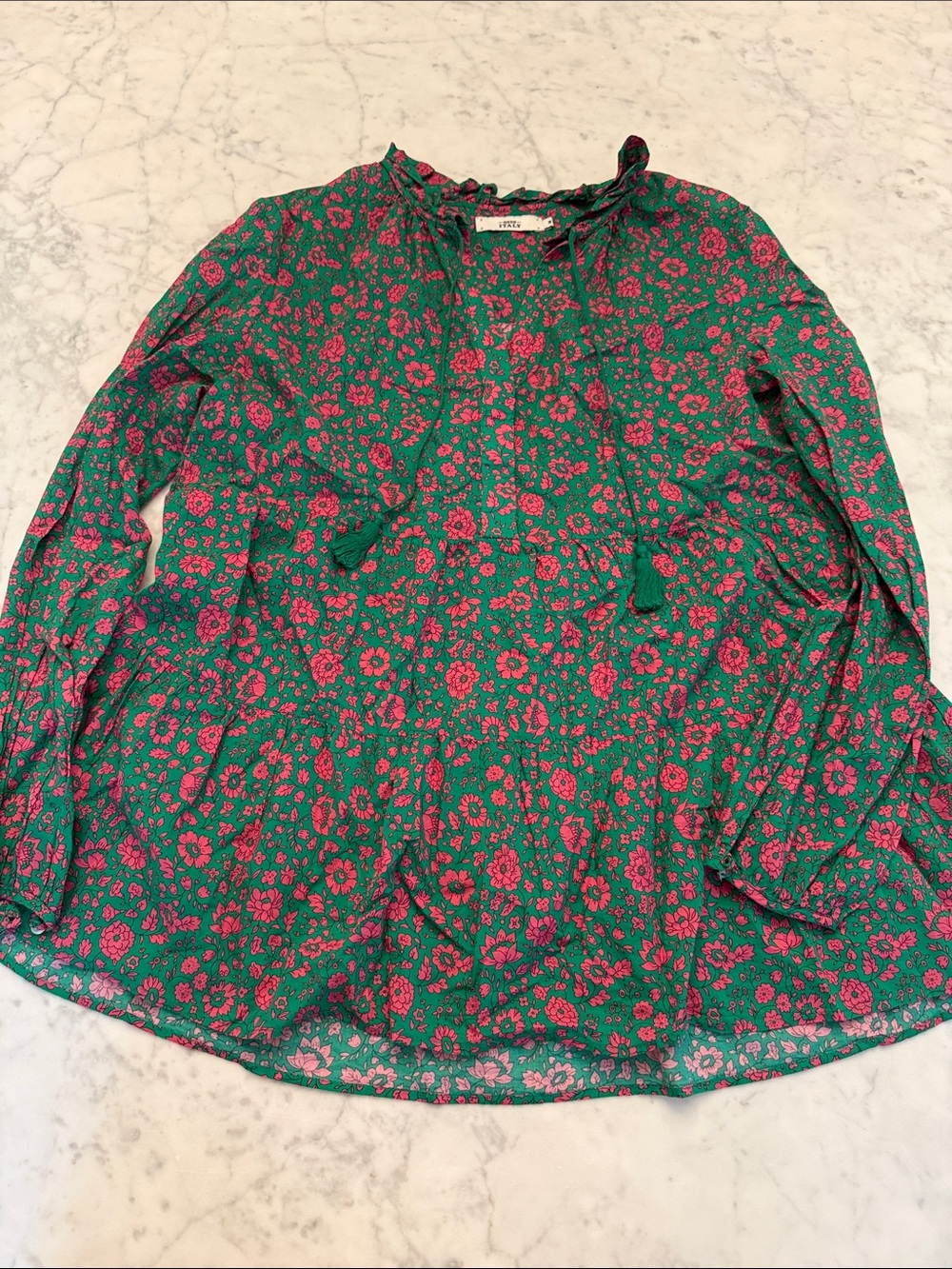 Women's Floral Tie-Neck Tunic in Green with Pink Print